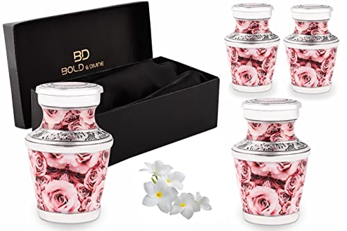 Pink Rose Keepsake Urn, Pack of 4 Urns for Human Ashes with Box & Bag - Handcrafted Mini Cremation Urn - Honor Your Loved One with Beautiful Pink Urn for Ashes - Small Urn for Women, Baby & Infants