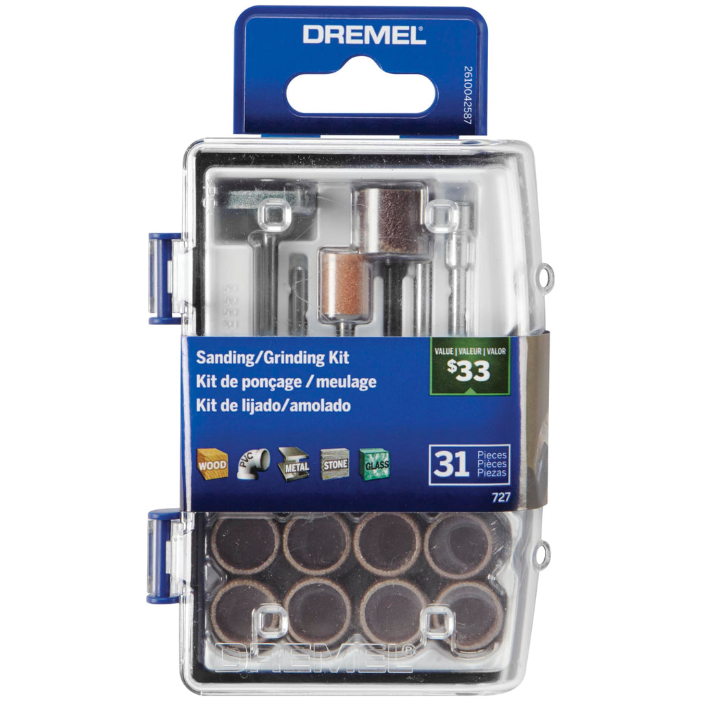 Dremel 727-01 Sanding & Grinding Rotary Tool Accessory Kit with Case, 31-Piece – Includes Grinding Stones, Sanding Bands, Cut-Off Wheel and Mandrel New Model