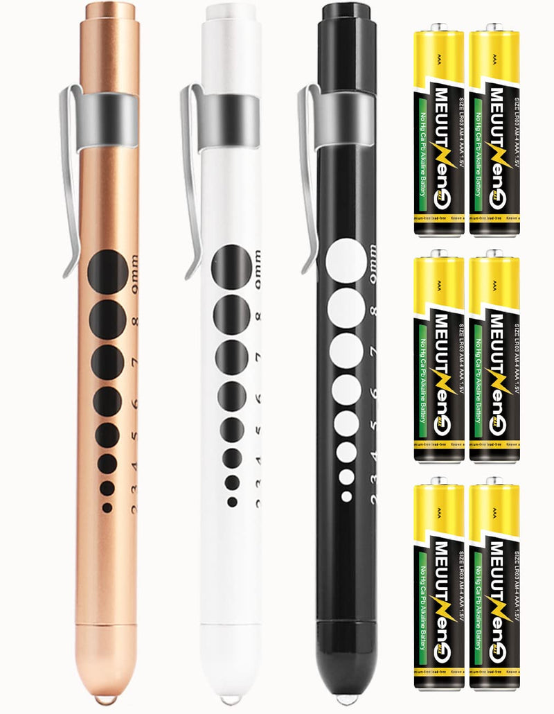 [Australia - AusPower] - MEUUT 3 Pack Pen Lights for Nurses with 6 Batteries – Medical Penlights Nurse Accessories for Work, Perfect Nursing Student Essentials Medical Supplies for Nurses Doctors EMT Trauma Black+White+Gold 