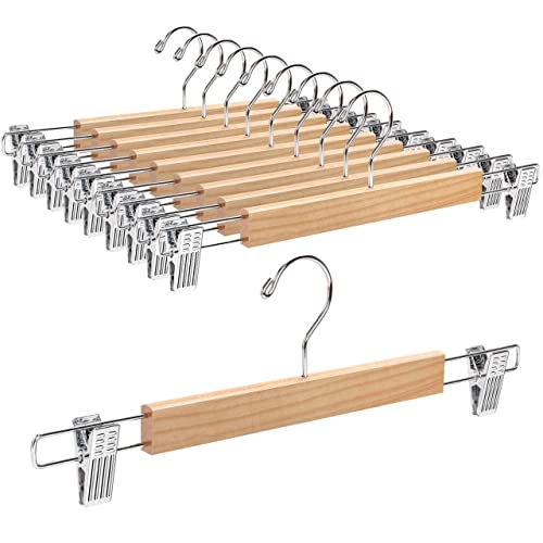 Amber Home 10 Pack Wooden Pant Hangers with Adjustable Clips, 14.17" Ntural Natural