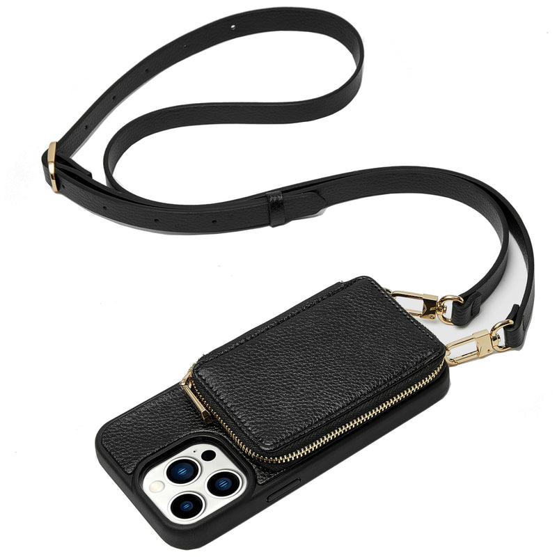 [Australia - AusPower] - ZVE iPhone 13 Pro Max Crossbody Wallet Case, Card Holder Phone Case for Women, Zipper Leather Purse with Wrist Strap, RFID Blocking Cover Gift for iPhone 13 Pro Max (6.7 inch, 2021)- Black iPhone 13 Pro Max, 6.7" 
