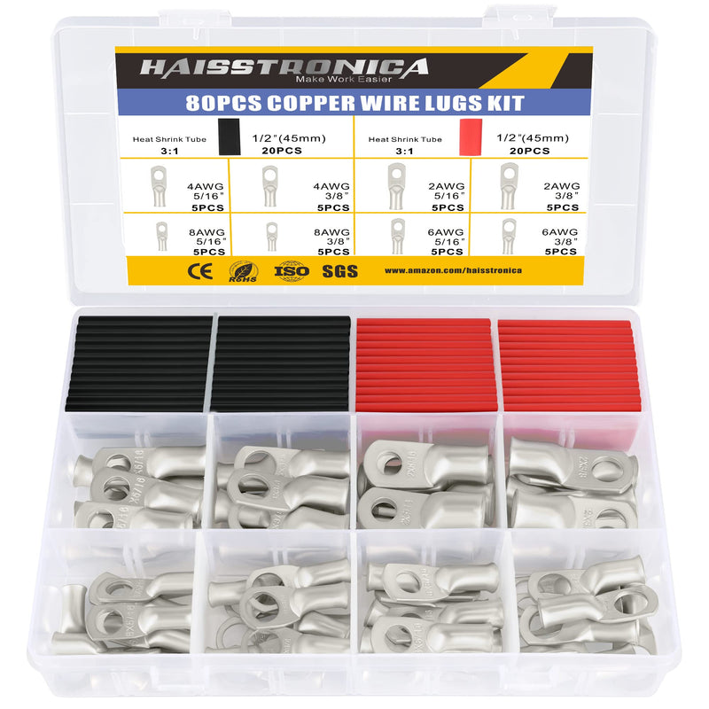 [Australia - AusPower] - haisstronica 80PCS Tinned Copper Wire Lugs Kit,AWG 8 6 4 2 Heavy Duty Battery Cable Lugs,Eyelets Tubular Ring Terminal,Battery Terminals with 3:1 Heat Shrink Tube 
