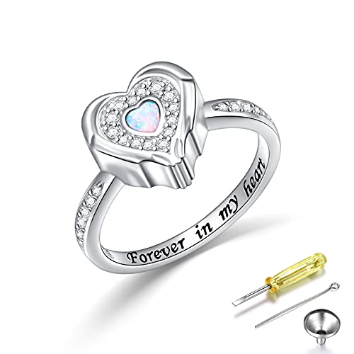 925 Sterling Silver Lab Opal Heart Urn Ring for Ashes Angel Wings Cremation Jewelry Memorial Keepsake Rings for Women Girls Easter Gifts 7