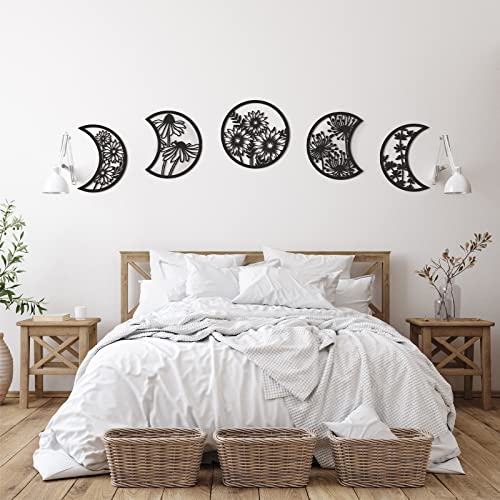 Jetec 5 Pcs Moon Phases Wall Art Decor, Wooden, Black, 10.6 Inch, Flower