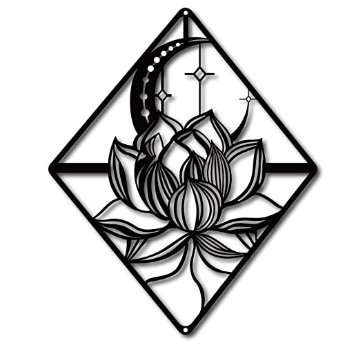 CREATCABIN Lotus Wall Art Metal Moon Flower Ornaments Wall Decor Signs Hanging Sculpture for Home Bedroom Kitchen Garden Housewarming Gift Christmas Halloween Holiday Decoration Black 10.6 x 10inch Lotus Diamond