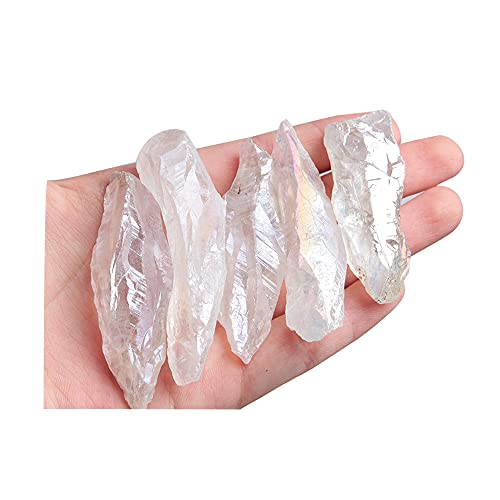 Acxico 5 Pcs Titanium Rainbow Aura Lemurian Quartz White Crystal Point Healing