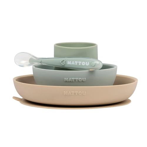 Nattou Silicone Tableware for Children, 4 Pieces, Plate + Bowl, Non-Slip, BPA-Free, Silicone, Green/Sand Pack of 1