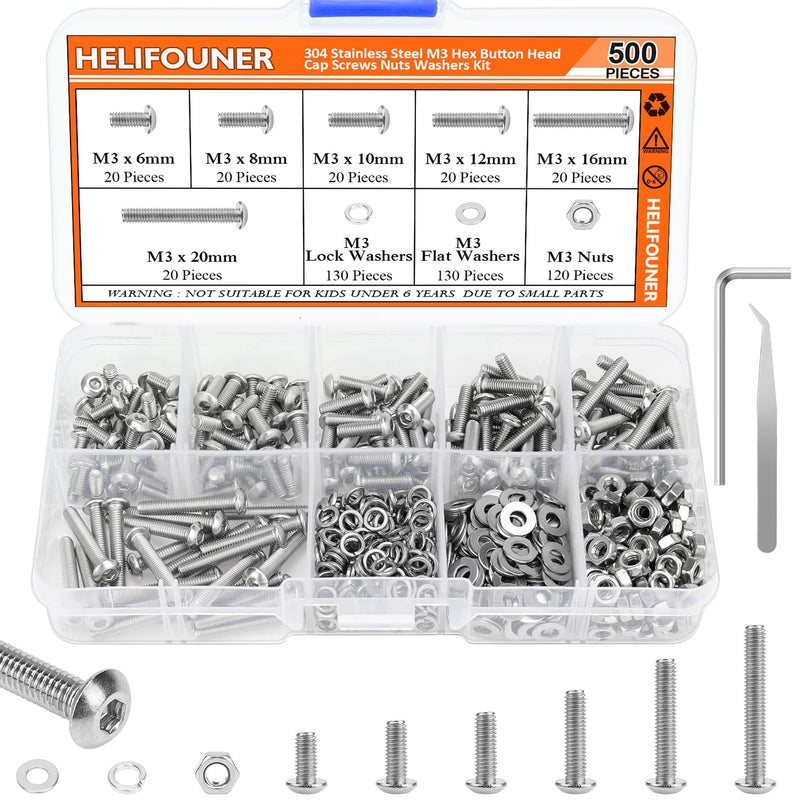 [Australia - AusPower] - 500 Pieces M3 x 6mm /8mm /10mm /12mm /16mm /20mm, Hex Button Head Cap Metric Screws Bolts Washers Nuts Kit, 304 Stainless Steel 