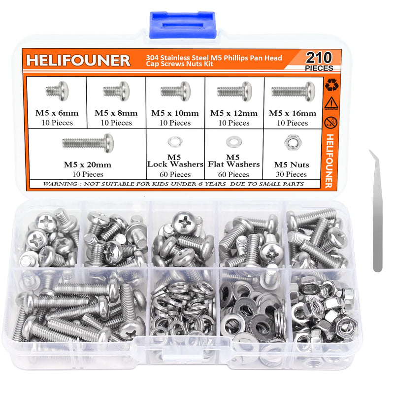 [Australia - AusPower] - 210 Pieces M5 x 6mm /8mm /10mm /12mm /16mm /20mm, Phillips Pan Head Machine Screws, Metric Screws Bolts Washers Nuts Kit, 304 Stainless Steel 