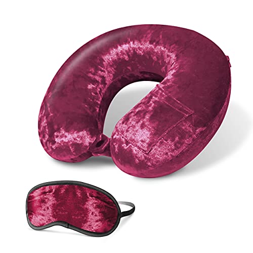 Cloudz Luxe Crushed Velvet Ultra Premium Comforlite Memory Foam Airplane Travel Neck Pillow with Matching Luxuriously Soft Black Out Sleep Mask - Deep Red