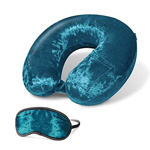 Cloudz Luxe Crushed Velvet Ultra Premium Comforlite Memory Foam Airplane Travel Neck Pillow with Matching Luxuriously Soft Black Out Sleep Mask - Teal