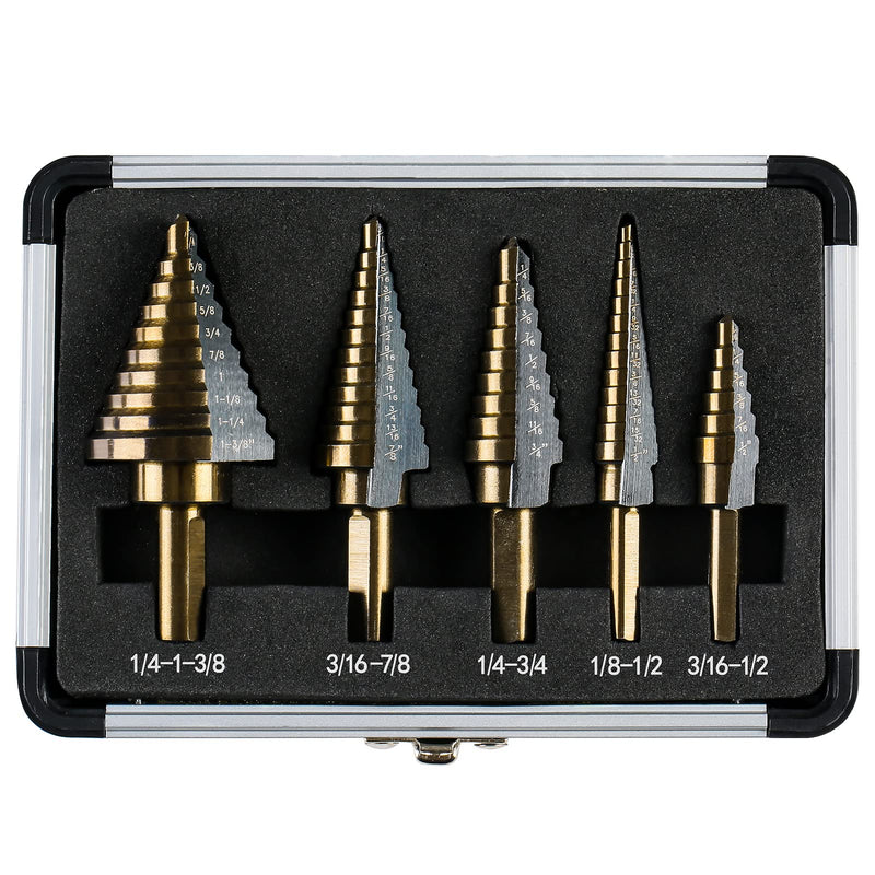 [Australia - AusPower] - Step Drill Bits, 5PCS HSS Titanium Step Drill Bit Set, 50 Sizes High Speed Steel Step Bits for Metal with Aluminum Case Straight 5 PC Set 