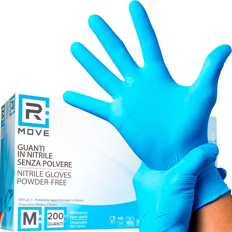 R MOVE Pack of 200 Disposable Gloves, Blue, M Nitrile Gloves, Rubber Gloves, Disposable Medical Examination Gloves, Powder-Free (Blue, M) | 200 Nitrile Gloves M Blue Powder-Free Disposable Gloves