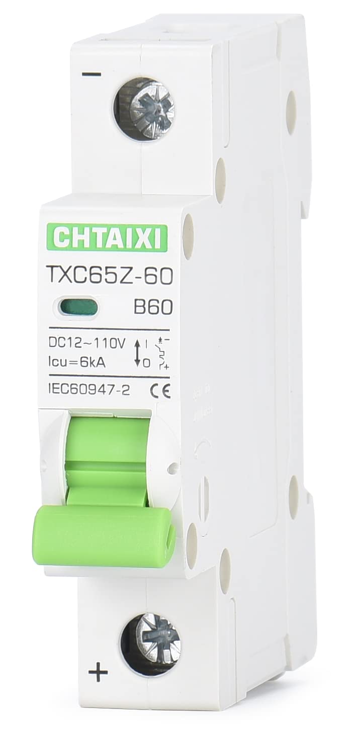 [Australia - AusPower] - 12V-110V DC Miniature Circuit Breaker, 60 Amp 1 Pole Battery Breaker Protector for Solar PV System and RV, Thermal Magnetic Trip, DIN-Rail/Surface Mount, Chtaixi DC Disconnect Switch B60 60 A 
