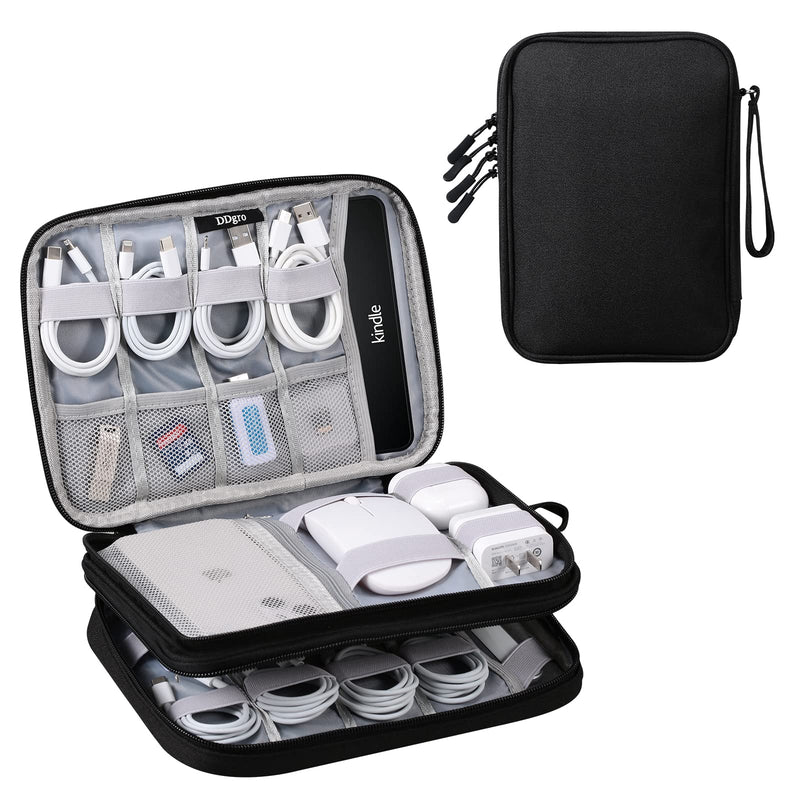 [Australia - AusPower] - DDgro Travel Electronics Organizer Pouch Bag for Tech Gadgets & Airplane Accessories, for Cables/Cords & Chargers/iPad Mini/Kindle (Large, Black) Black-Large Large 