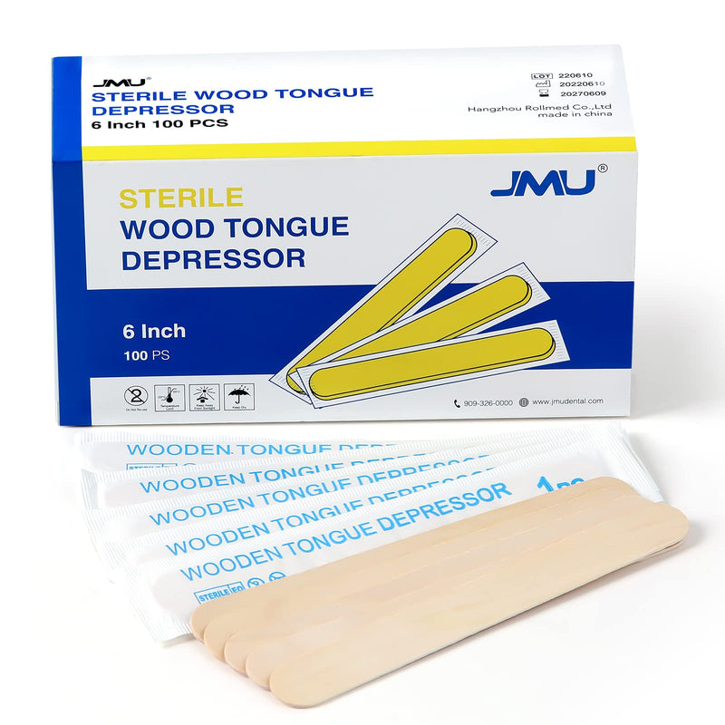 [Australia - AusPower] - JMU Tongue Depressors Sterile 100 Count, 6" Tongue Depressors Wood Individually Wrapped for Medical Popsicle Crafts 6inch-sterile 