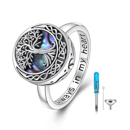 Tree of Life Urn Ring for Ashes 925 Sterling Silver Celtic Knot Family Tree Memorial Keepsake Jewelry Always in My Heart Cremation Ring for Women Men Abalone shell 7
