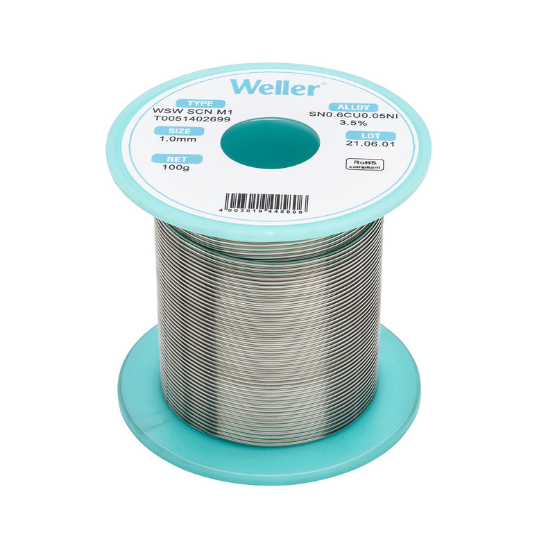 Weller WSW SCN M1 (T0051402699) Lead Free Solder Wire, Ø 1.0mm, Alloy Sn99.3Cu0.6Ni0.05, Flux Content 3.5%, 100g, Silver 1,0mm, 100g