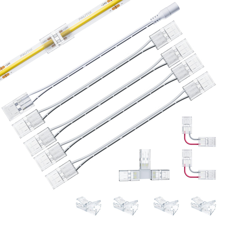 COB LED Strip Connector Set for 8 mm Wide COB Strips 2 Pin, 4 Pieces Transparent Centre Connectors, 2 Pieces L-Shape, 1 Piece T-Shape and 4 Pieces Dual-End Extension Wires 15 cm with 1 Piece DC 8mm connector Upgraded