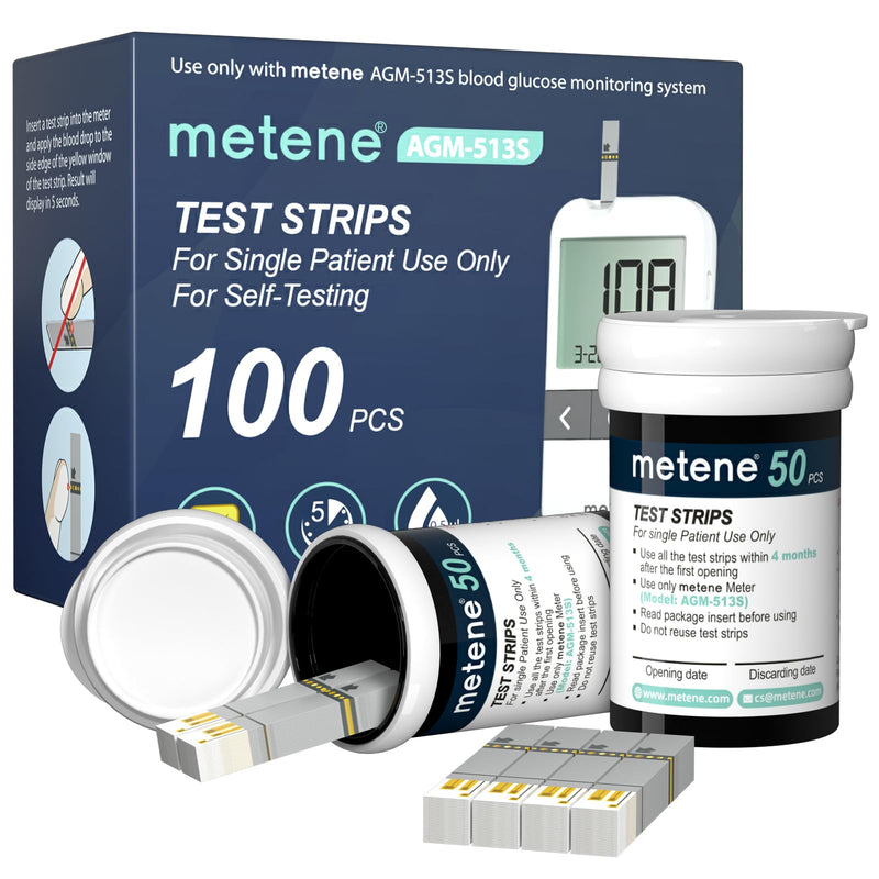 Metene AGM-513S Test Strips for Diabetes, 100 Count Blood Glucose Test Strips, Use with Metene AGM-513S Blood Glucose Monitoring System Only (No Monitor) 100 Count(Pack of 1)