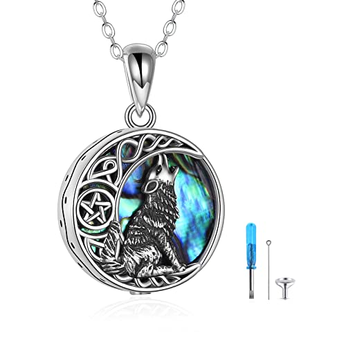 POPLYKE Sterling Silver Wolf Necklace Gifts for Women Celtic Knot Wolf Moon Pendant Necklace Jewelry for Men 18+2'' Wolf Urn (Abalone)