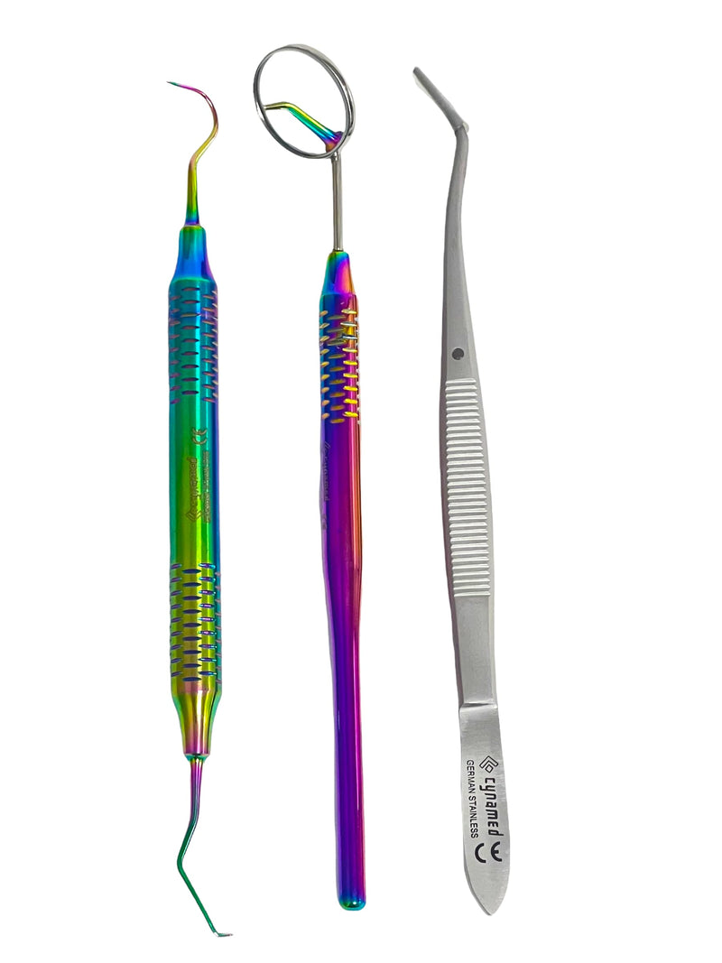 [Australia - AusPower] - ArTLaB-Premium German 3 Instruments Basic Dental Set- Mirror Explorer College Cotton Plier Hollow Handle -Dental Instruments set of 3 (Rainbow Titanium Set of 3) Rainbow Titanium Set of 3 