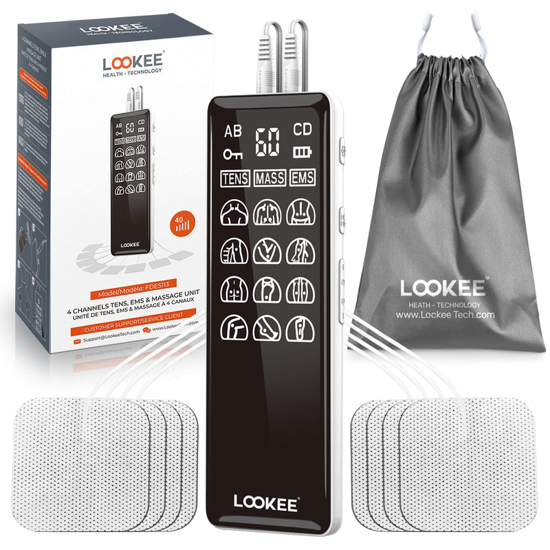 LOOKEE 4-Channel TENS Unit & EMS Muscle Stimulator – Drug-Free Pain Relief, Rechargeable TENS Machine with 36 Modes & 40 Intensity Levels for Back, Shoulder, Knee, and Nerve Pain Therapy