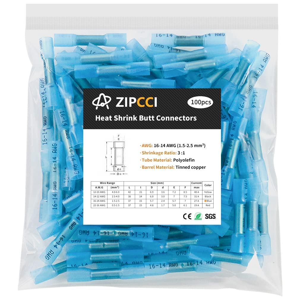 16-14 AWG Heat Shrink Butt Connectors - 100Pcs Blue Insulated Waterproof Electrical Marine Automotive Wire Splice Connector Crimp Wiring Terminals AWG 16-14