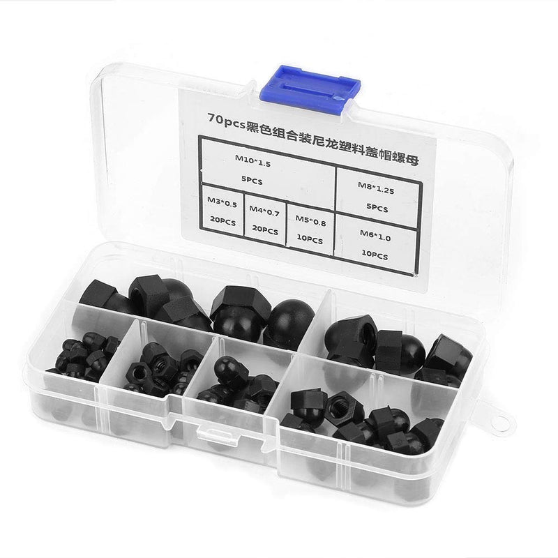 [Australia - AusPower] - 70pcs Hex Acorn Nuts Assortment Kit M3/M4/M5/M6/M8/M10 Nylon Acorn Nut Dome Head Hex Nuts(Black) 