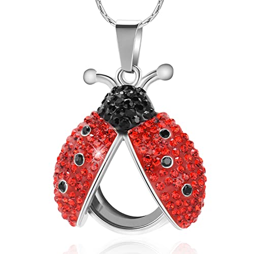 constantlife Cremation Jewelry Ladybug Urn Necklace for Ashes Transparent Round Glass Locket Ash Holder Keepsake Crystal Beetle Memorial Pendant for Human Pet Silver-Red