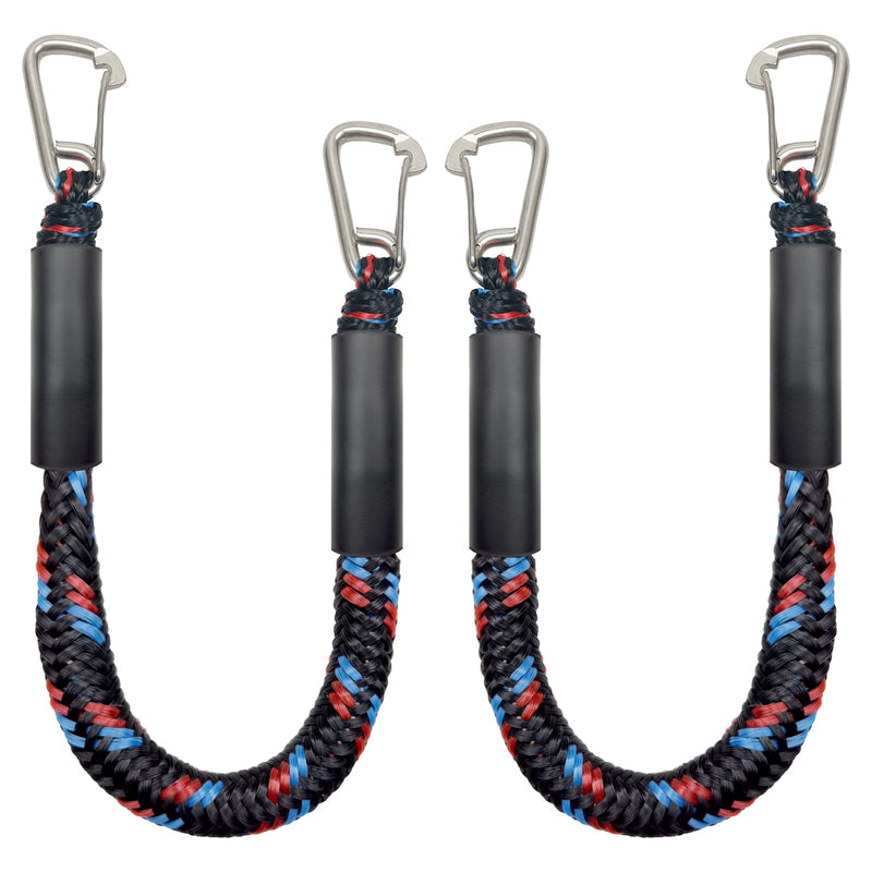 Bungee Dock Line Ropes for Mooring With 2 Stainless Steel Clip Accessories - Built-in Snubber for PWC, Kayak, Watercraft, SeaDoo, Jet Ski, Pontoon, Canoe, Power Boat - 2-Pack Blue+red+black