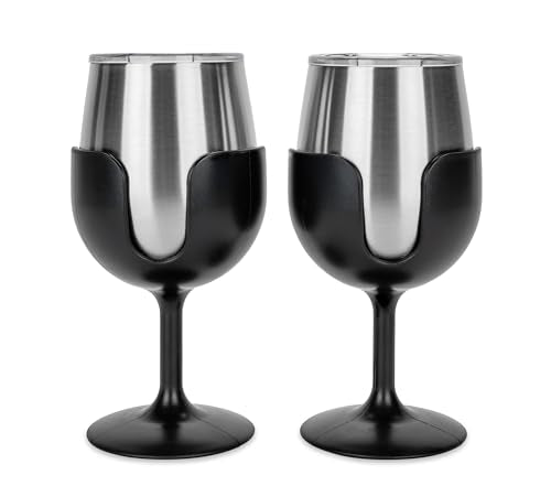 Camco Life is Better at The Campsite Wine Tumbler | Heavy Duty Double Wall Vacuum Insulation | Crafted of 18/8 Stainless Steel | Features Removable Black Stems | 2-Pk, 8-oz/Each (53485)