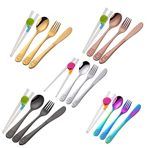 Stainless Steel Kids Utensils with Training Chopsticks | Toddler Silverware | Kids Silverware | Spoon + Fork + Knife + Chopsticks set | 4-12 Years+ | 20 Pieces | Dishwasher Safe | Multi Color Multi Color-5 Sets