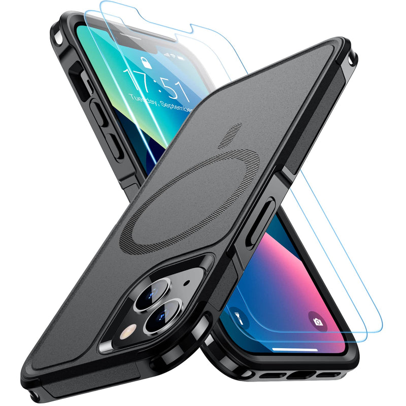 [Australia - AusPower] - SPIDERCASE Designed for iPhone 13 Case, with [2 Pcs Tempered Glass Screen Protector] Compatible with Magsafe Shockproof Anti-Drop Military Protective Cover for iPhone 13 6.1 inch (Black) Magnetic Black 