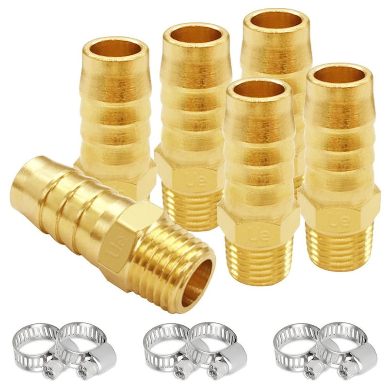 [Australia - AusPower] - 6PCS Brass Hose Barb Fittings 1/4" NPT Male to 3/8" Barb Adapter Connector Include 6 Stainless Steel Clamps for Water/Oil/Gas 3/8"Barb 1/4"NPT Male 