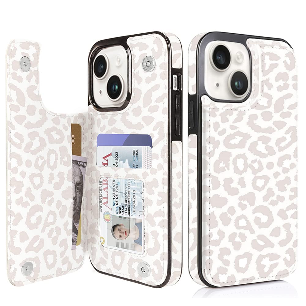 [Australia - AusPower] - uCOLOR Flip Leather Wallet Case Card Holder Compatible with iPhone 13 6.1 iPhone 14 6.1 Women and Girls with Card Holder Kickstand (Beige Leopard) Beige 