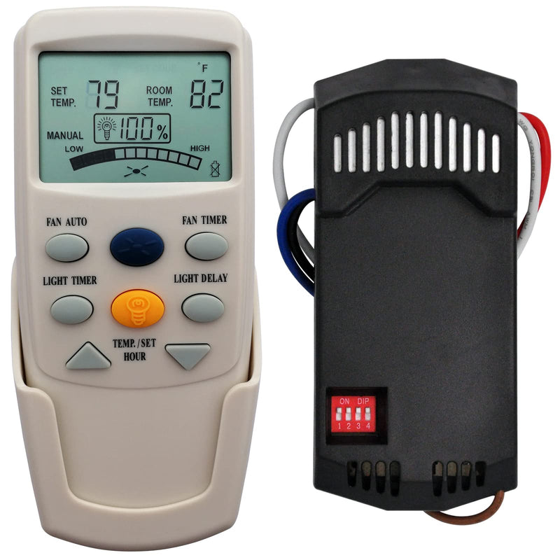 CENMING FAN-9T Thermostatic Ceiling Fan Light Remote Control Kit for Hampton Bay Hunter,w/Receiver Fan Timer Key LCD Display Temp 3-Speed, Replacement for FAN-9T L3HFAN-9T, No Dimmer No Reverse 9T FAN TIMER Kit