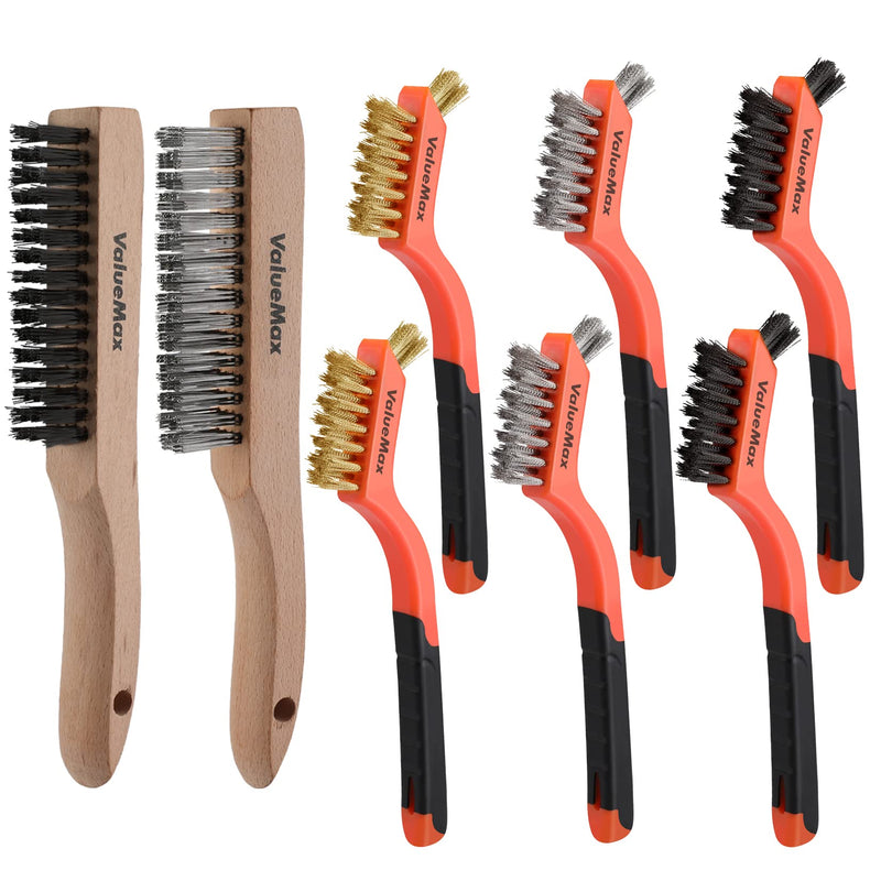 [Australia - AusPower] - ValueMax Wire Brush Set, 8Pcs Stainless Steel/Brass/Nylon Bristles with Curved Handle Grip, Heavy Duty Stainless Steel Wire Scratch Brush with Beechwood Handle for Rust, Dirt and Paint Cleaning 