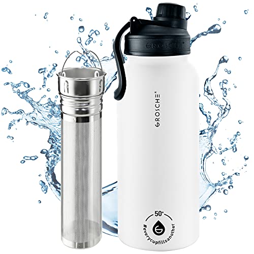 GROSCHE Chicago Steel Vacuum Insulated Tea Infuser Bottle, White, 32 fl oz 16 Ounces