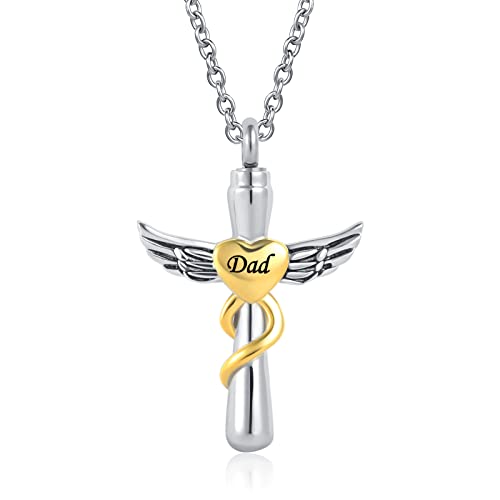YSAHan Cross Angel Wings Urn Necklace for Ashes Dad Cremation Jewelry Memorial Ash Holder Pendant