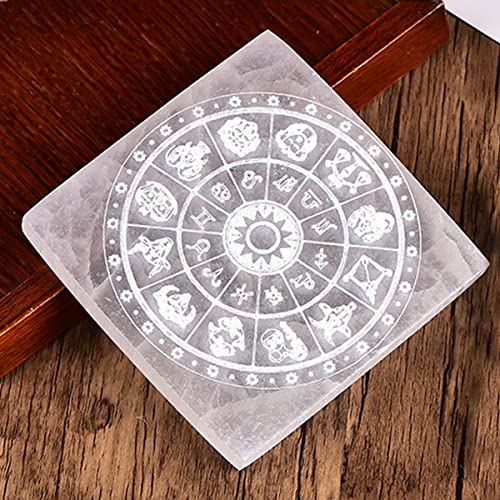 JIC Gem 4" Square Selenite Charging Plate 12 Star Engraved Selenite Slab Healing Crystal Charging Station 12 Star-4"