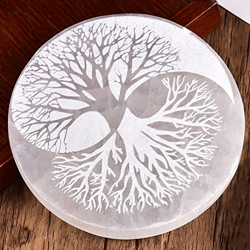 JIC Gem 5" Tree of Life Etched Selenite Charging Plate Round Engraved Selenite Slab Large Healing Crystal Charging Station Tree of Life-5"