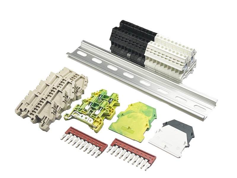 [Australia - AusPower] - Dinkle UL Listed DIN Rail Terminal Block Kit #1 White/Black Dinkle 20 DK2.5N 12 AWG Gauge 20A 600V Ground DK2.5N-PE Jumper DSS2.5N-10P End Covers End Brackets 
