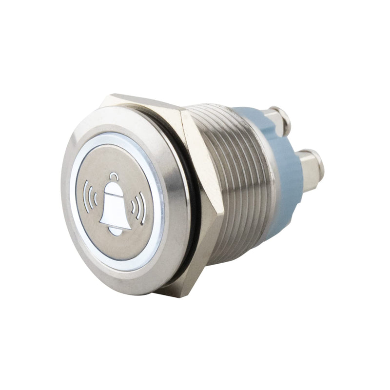 SeKi Stainless Steel Push Button Diameter 19 mm Touch Button Flat Head Shape Colored Illuminated Bell Symbol in White Screw Connection Bell Push Button Symbol Bell LED white -Screw 19 mm - flat