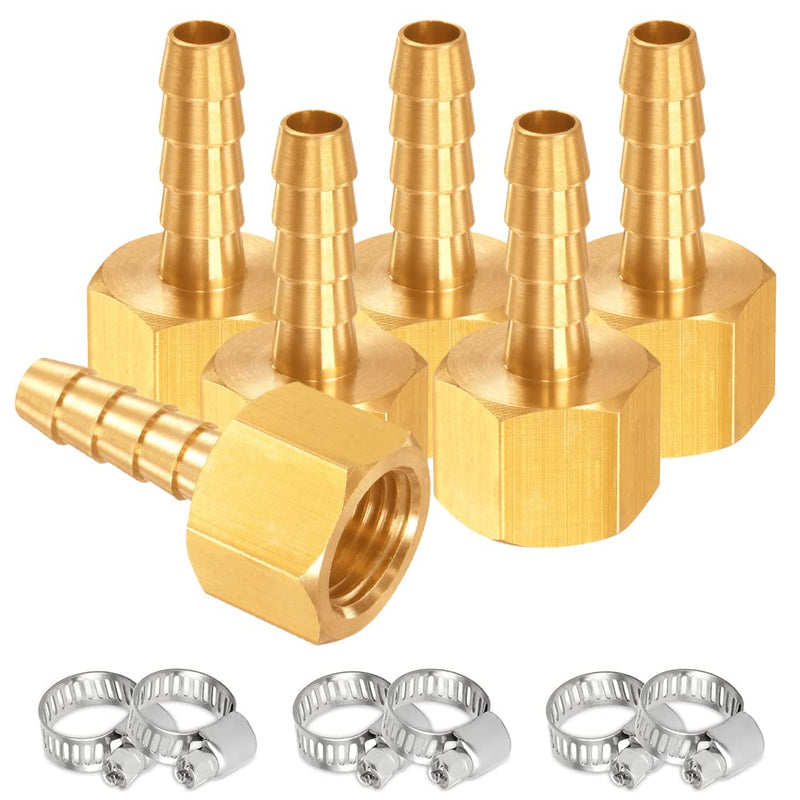 [Australia - AusPower] - 6PCS Solid Brass Thread Barb Hex Fittings 1/4"NPT Female x 1/4" Barb Include 6 Stainless Steel Clamps 1/4"Barb 