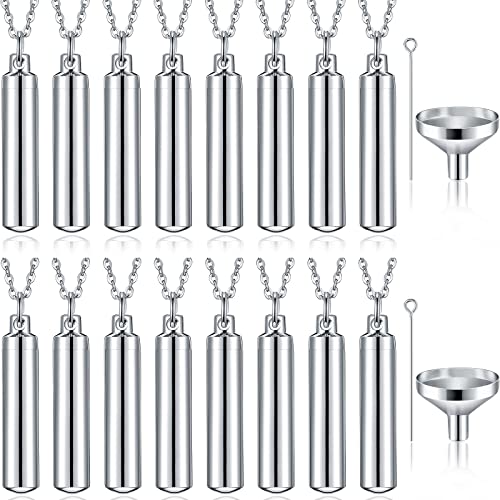 16 Pieces Urn Necklace for Ashes Cremation Cylinder Memorial Silver Stainless Steel Memorial Pendant Jewelry Cylinder Keepsake Pendant with Funnel for Women Men Loved Ones