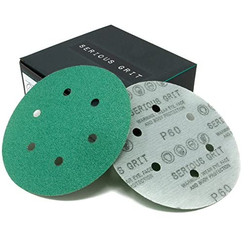 Serious Grit 6-inch 6-hole P60 grit hook and loop sanding discs, 25-pack box