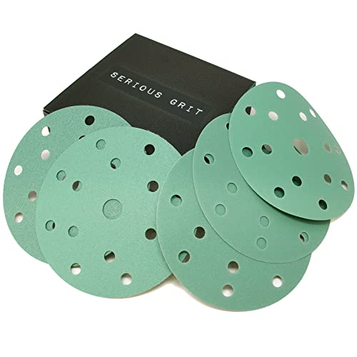 Serious Grit 6-inch 15-hole hook and loop sanding discs, assorted P80-P220 grits, 50-pack visibly stacked