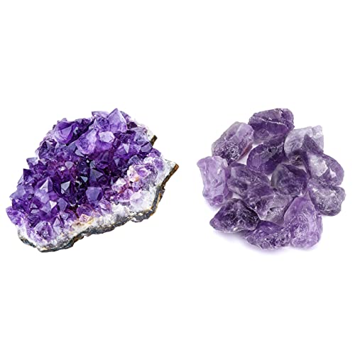 Top Plaza Bundle – 2 Items: Natural Amethyst Geode Cave Healing Crystal Stones Rock Cluster Druzy & Bulk Amethyst Healing Crystals Rough Stones