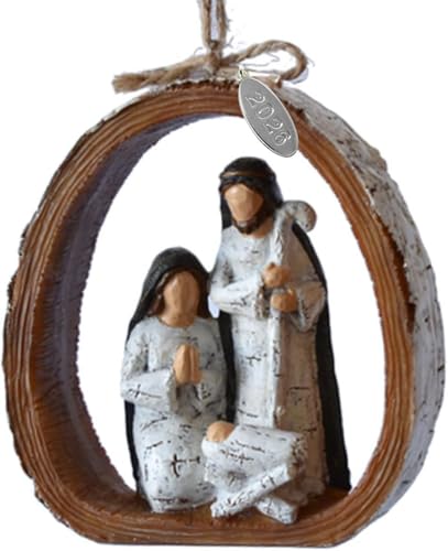 Religious Christmas Ornament, Nativity Ornament, Carved-Look Rustic Nativity Gift for Christmas Tree - Rustic Resin Carved Holy Family - Comes in a Gift Box
